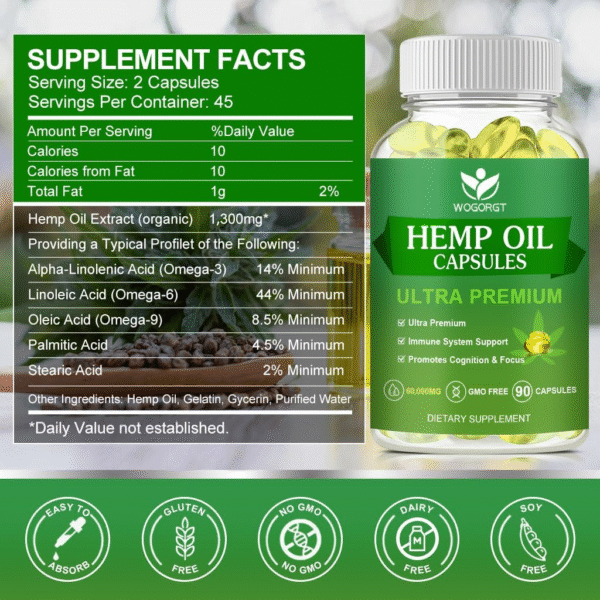 (2Pack) Hemp Oil Capsules - 60,000 Maximum Strength, Immune Support, Focus Calm, Relaxation - Image 2