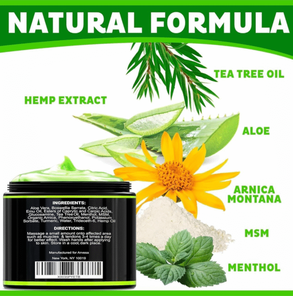 Natural Hemp Cream for Joints, Muscles, Back, Neck, Knees, Hips, Foot, Nerves, Shoulders