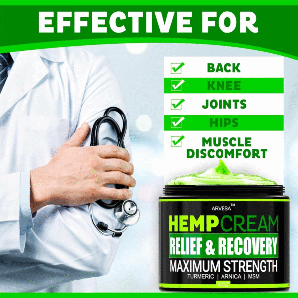 Natural Hemp Cream for Joints, Muscles, Back, Neck, Knees, Hips, Foot, Nerves, Shoulders
