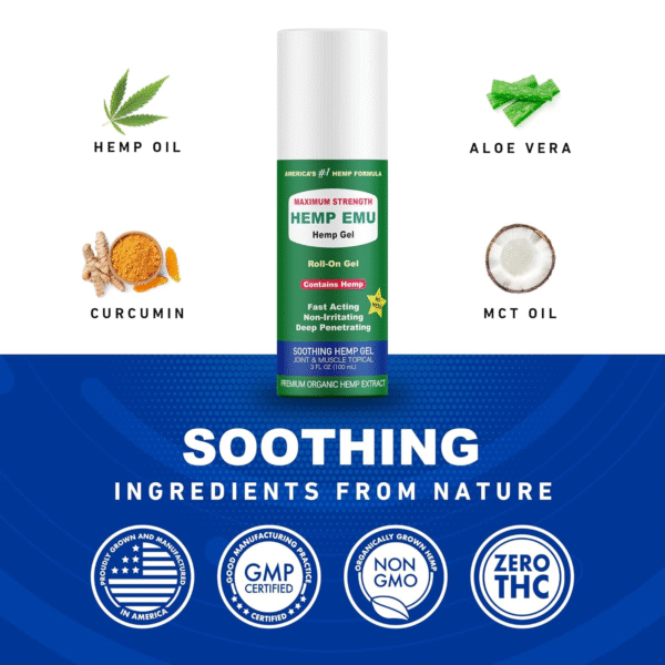 Hemp Emu - Hemp Roll On Gel - Muscle Rub for Back & Joint Discomfort